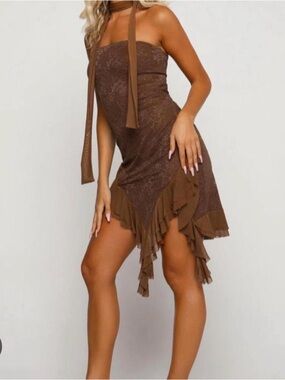 Tiger Mist Brown Strapless Ruffle Hem Dress